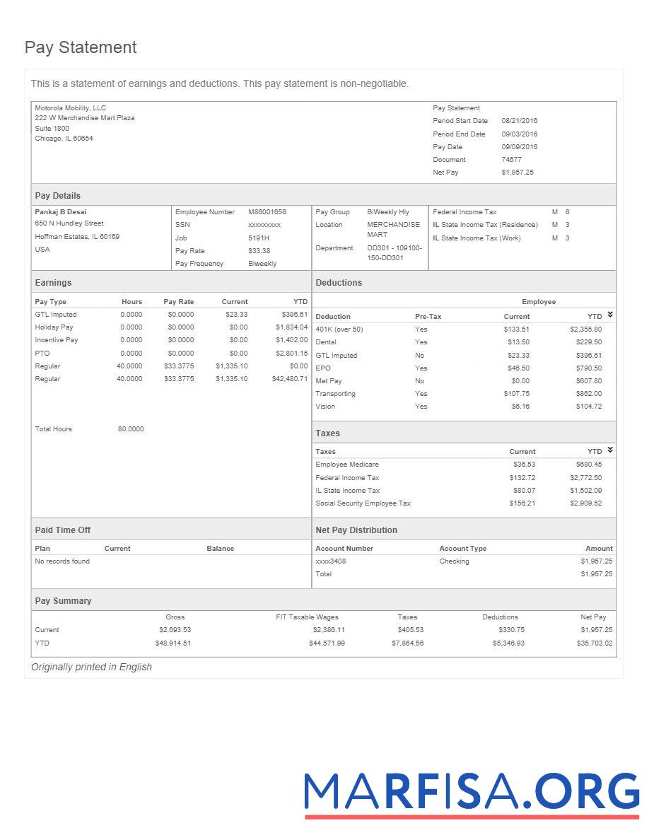 Downloadable Motorola Mobility LLC pay statement real example